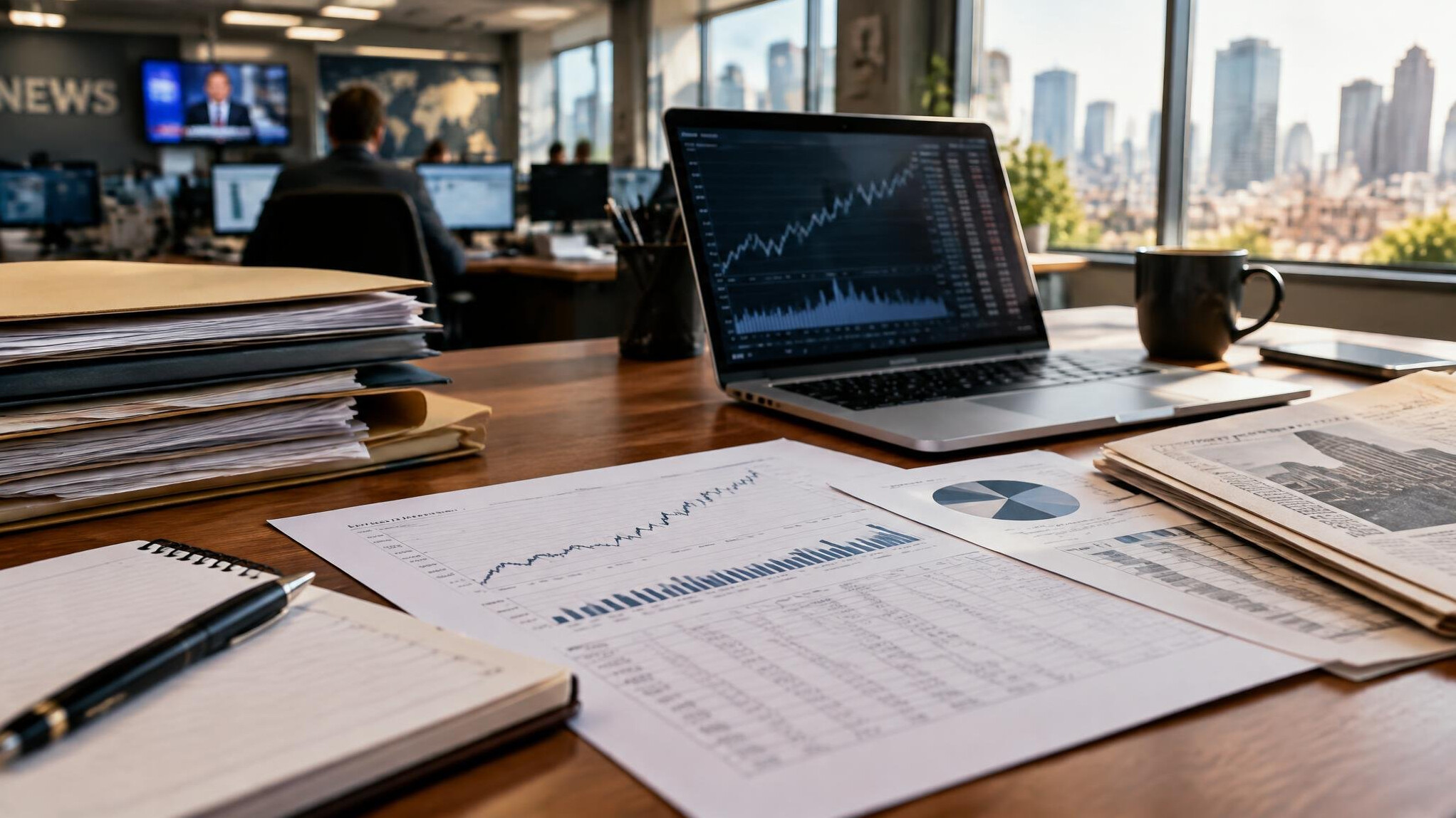 Desk with financial documents and a laptop in a newsroom