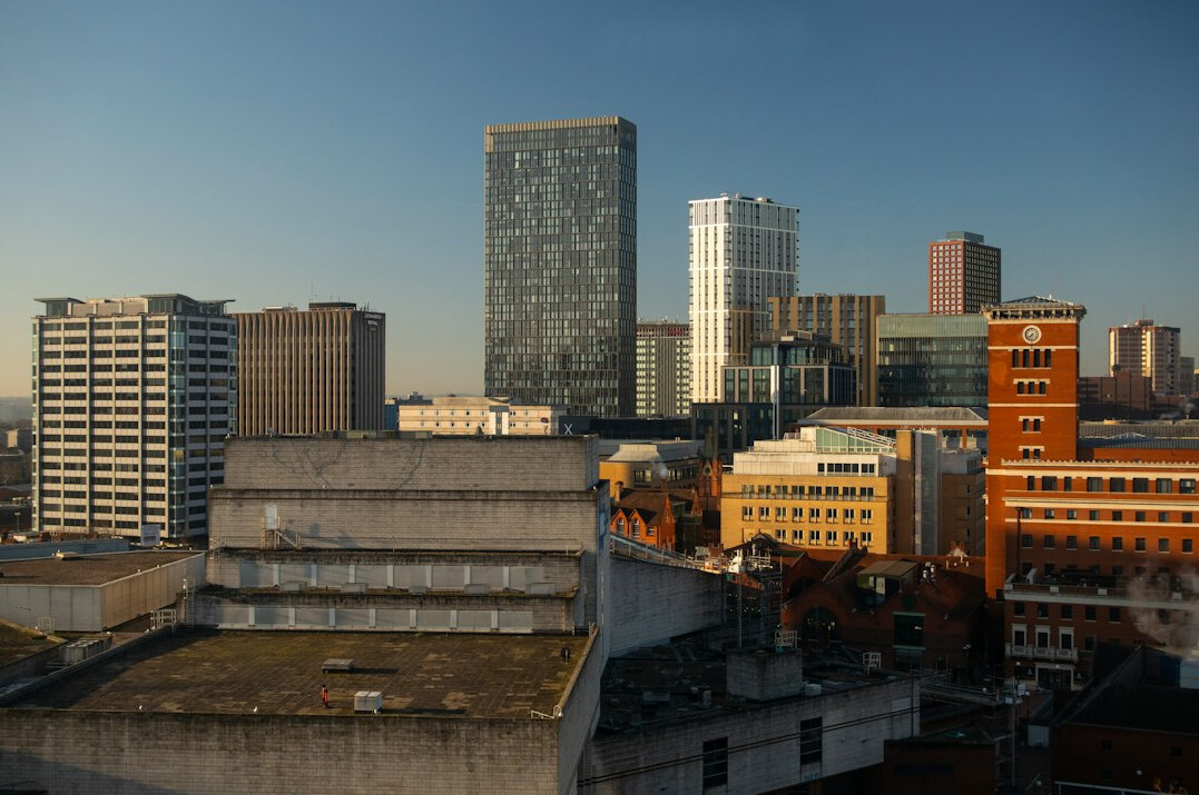Skyline of a financial district with modern towers