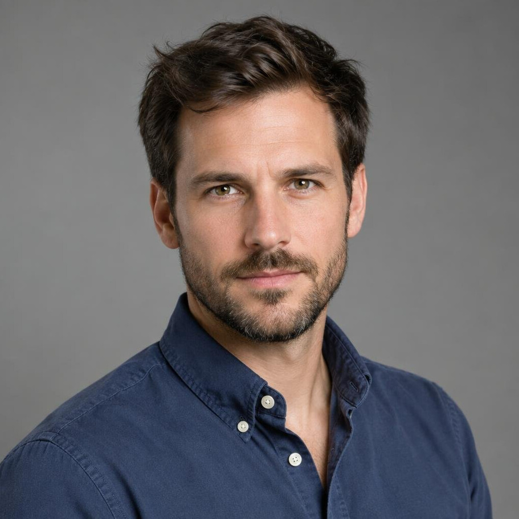Studio portrait of a Swiss man in his thirties with a beard