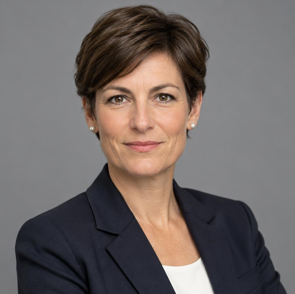 Studio portrait of a Swiss woman in her forties with short brown hair